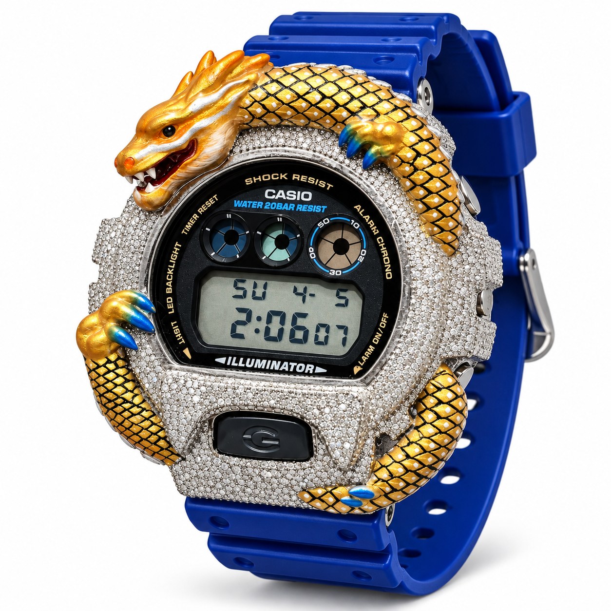 Iced out moissanite G-Shock DW-6900 watch with dragon bezel and blue band – fully iced moissanite case
