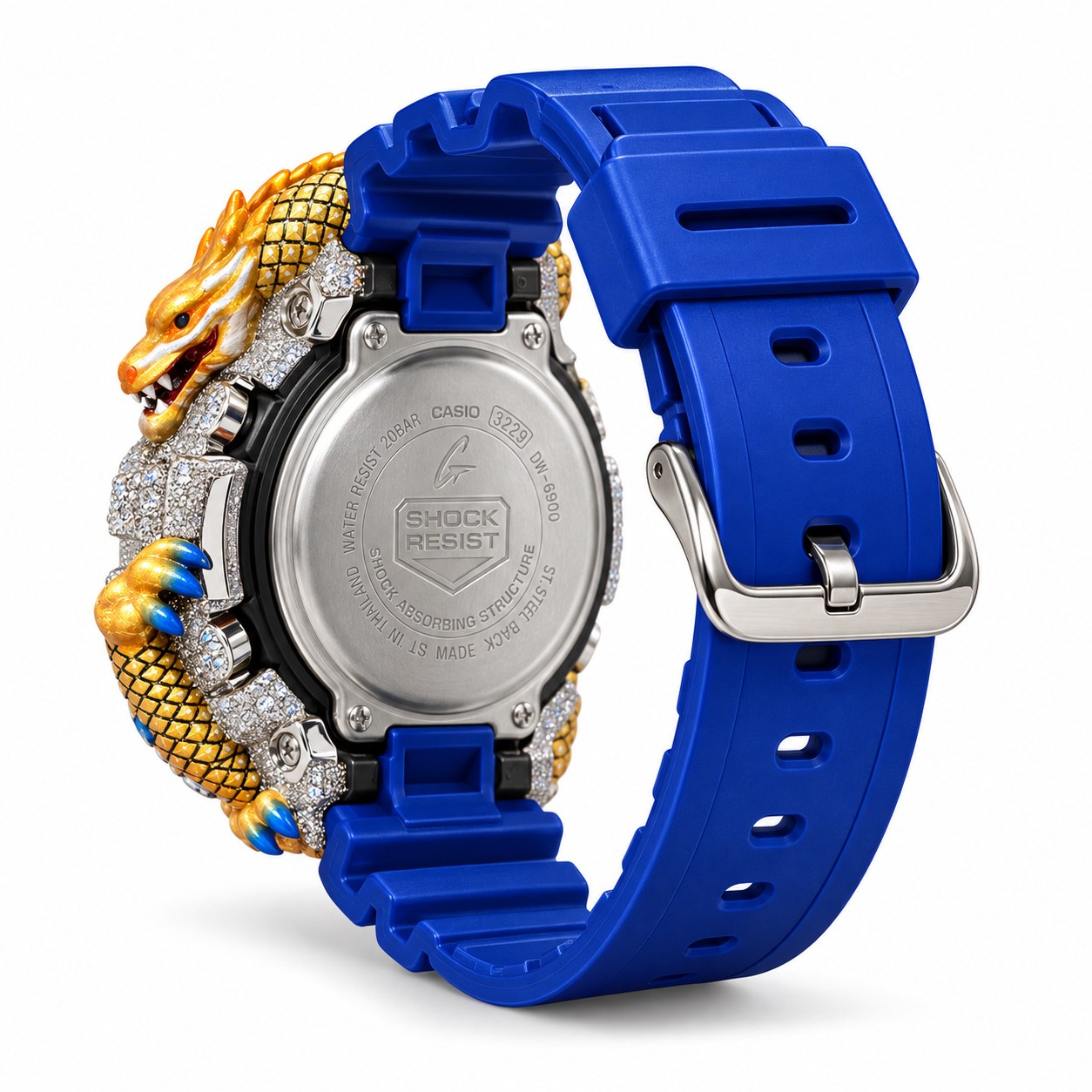 Iced out moissanite G-Shock DW-6900 watch with dragon bezel and blue band – men's hip hop iced out watch