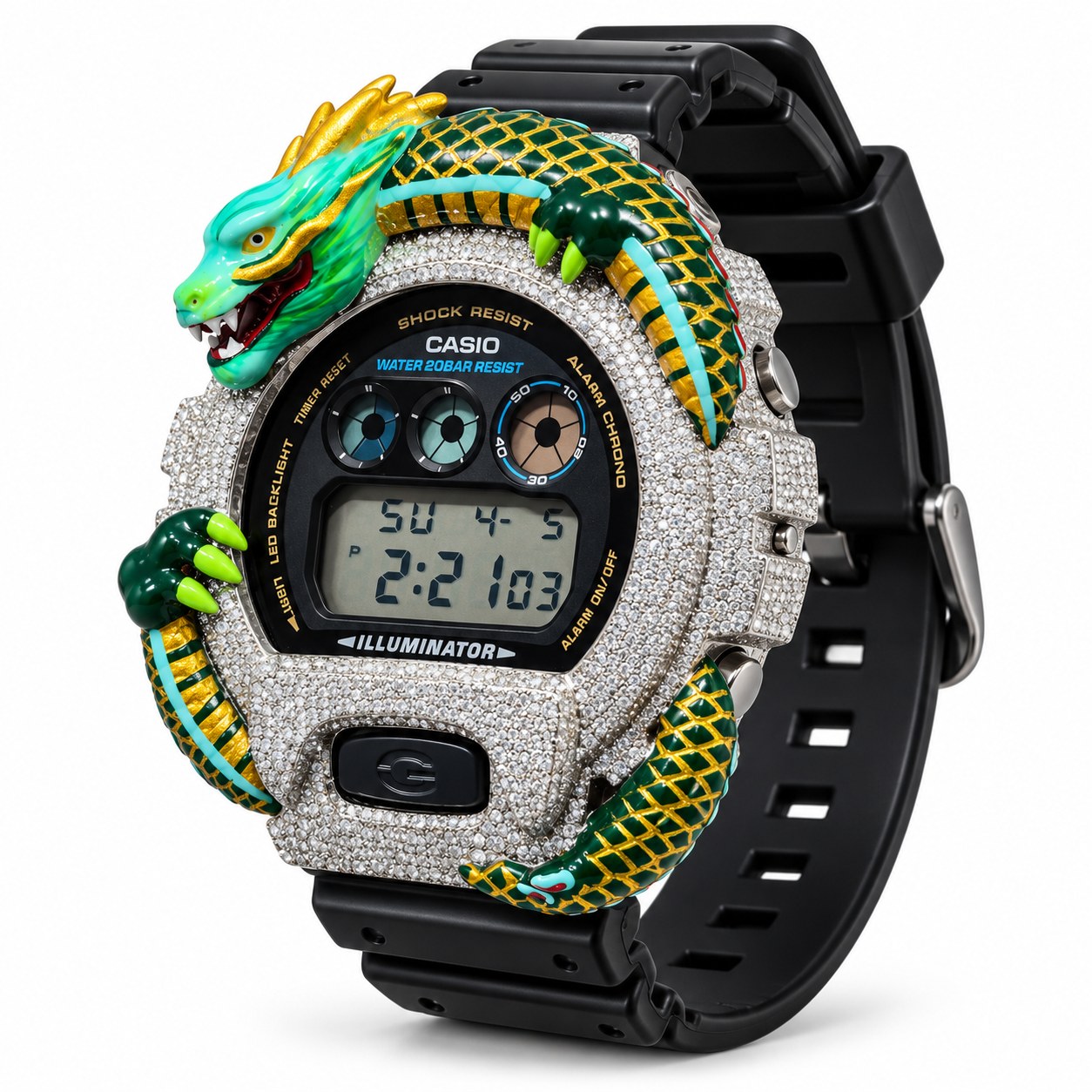 Iced out moissanite G-Shock DW-6900 watch with green dragon bezel and black band – custom bust down G-Shock 6900