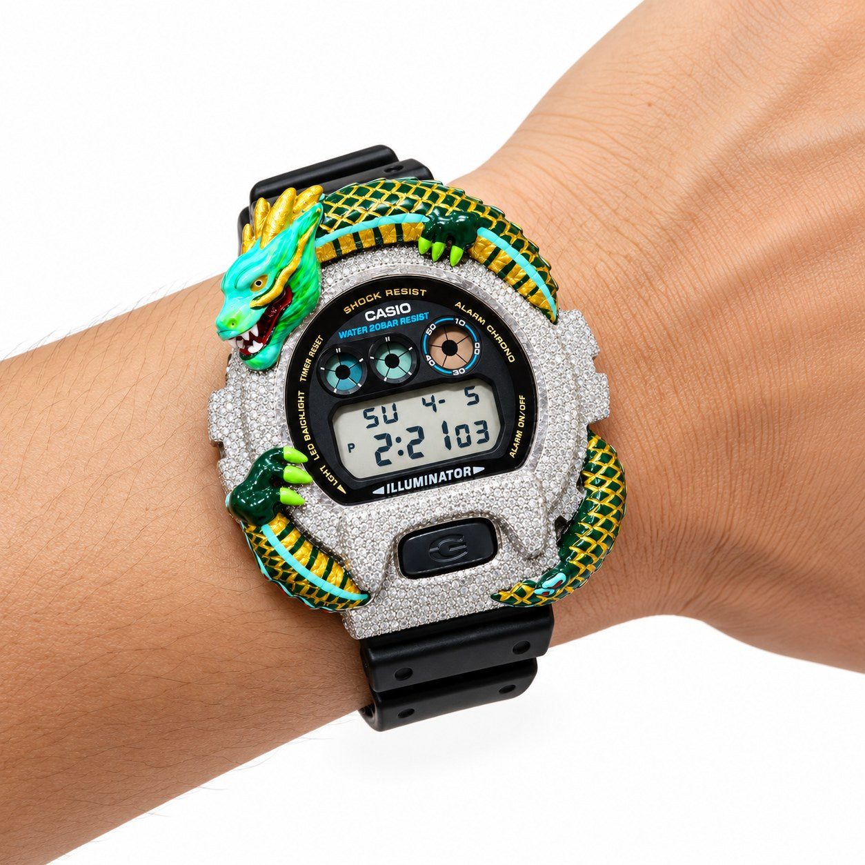 Iced out moissanite G-Shock DW-6900 watch with green dragon bezel and black band – fully iced moissanite case