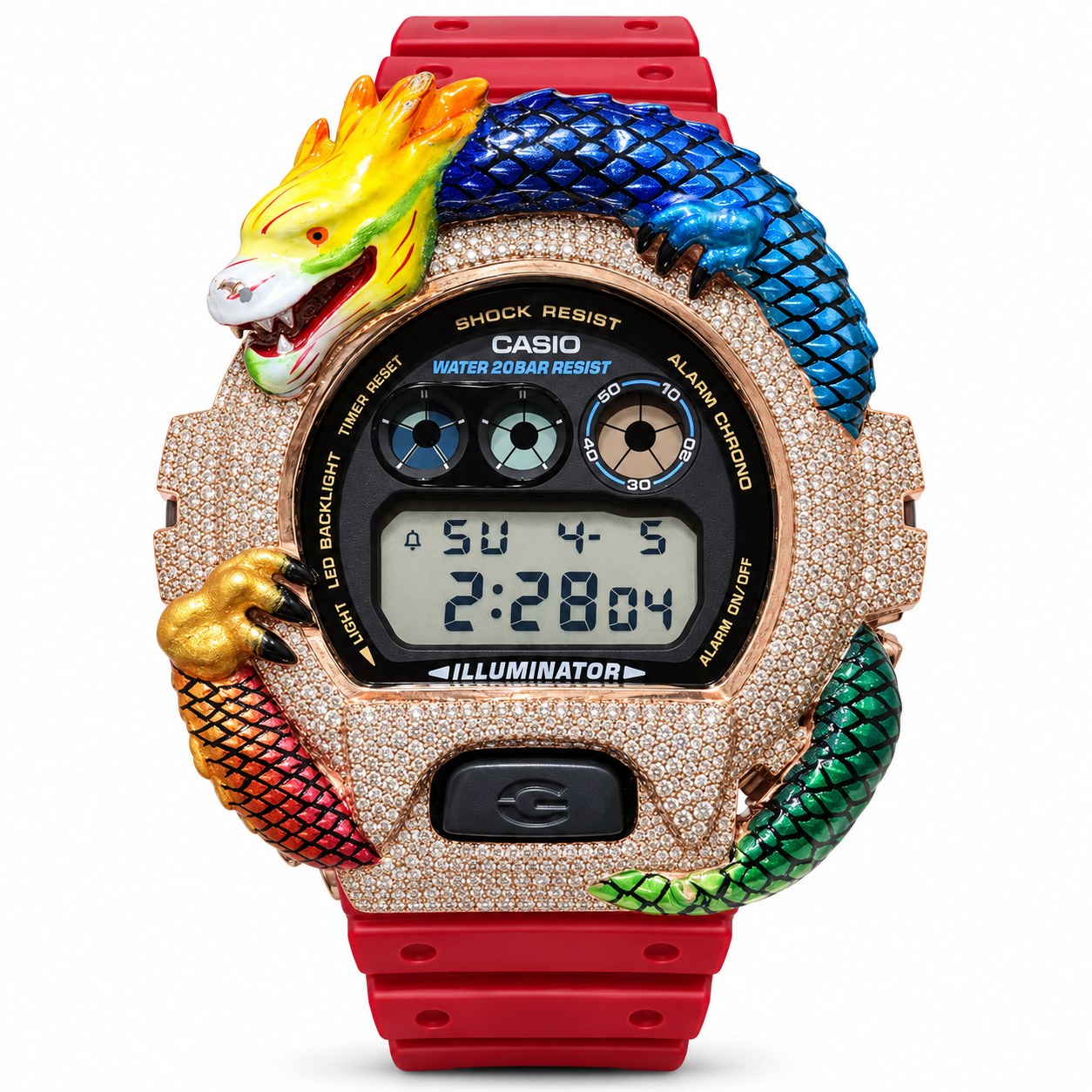 Iced out moissanite G-Shock DW-6900 watch with rainbow dragon bezel and red band – front view
