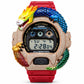 Iced out moissanite G-Shock DW-6900 watch with rainbow dragon bezel and red band – front view