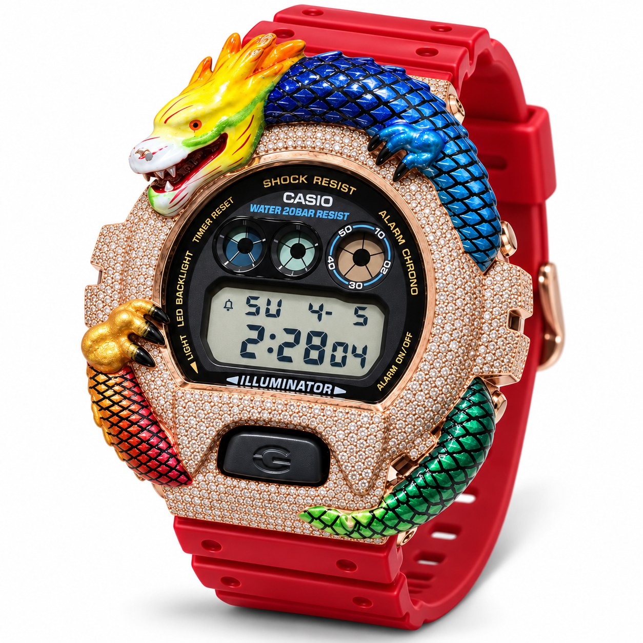Iced out moissanite G-Shock DW-6900 watch with rainbow dragon bezel and red band – custom bust down G-Shock 6900