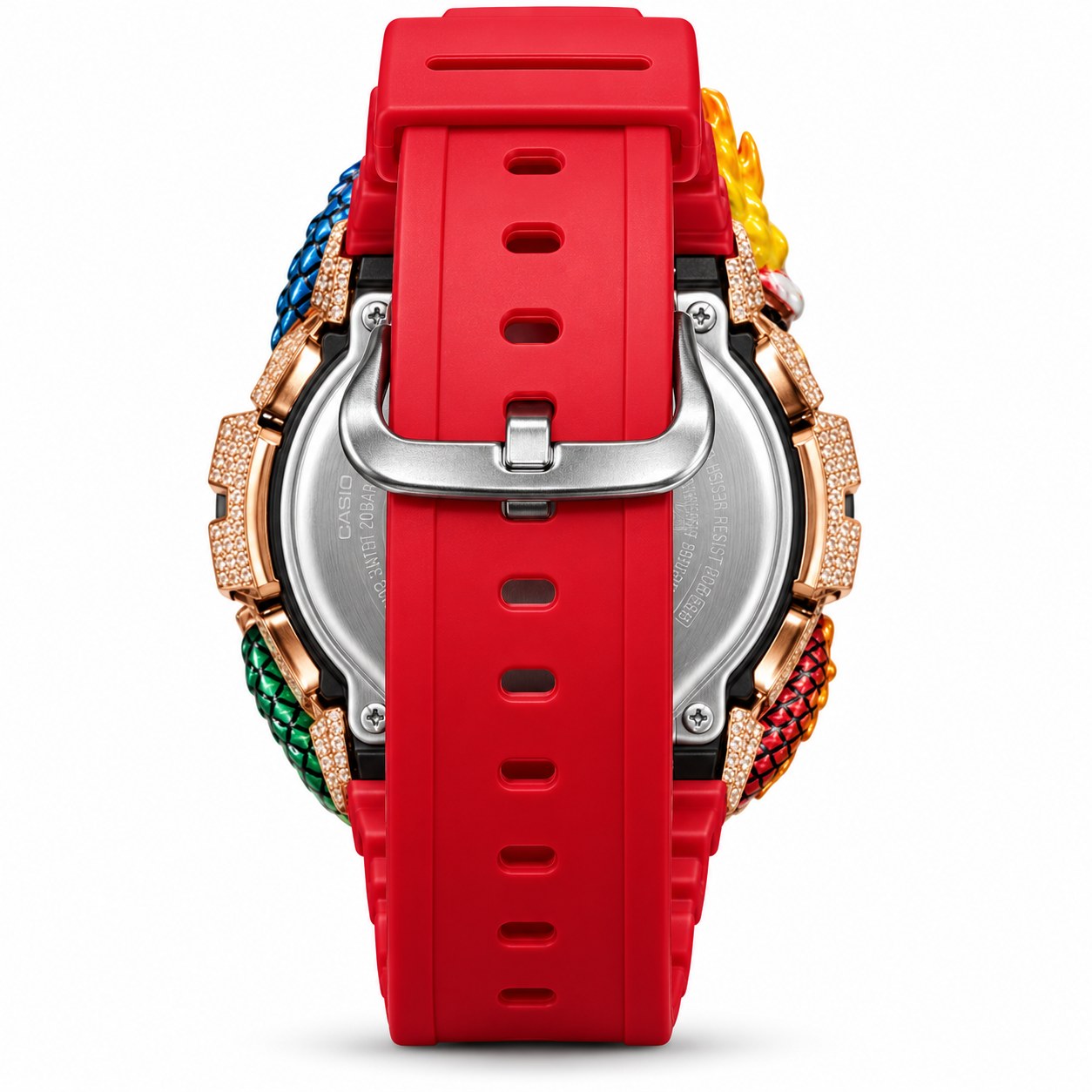 Iced out moissanite G-Shock DW-6900 watch with rainbow dragon bezel and red band – fully iced moissanite case