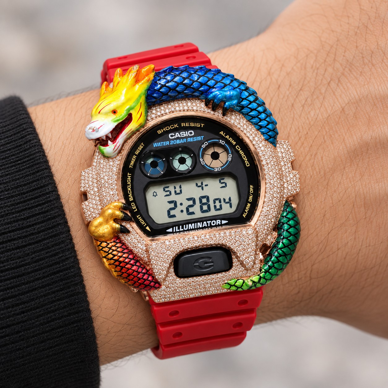 Iced out moissanite G-Shock DW-6900 watch with rainbow dragon bezel and red band – men's hip hop iced out watch