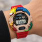 Iced out moissanite G-Shock DW-6900 watch with rainbow dragon bezel and red band – men's hip hop iced out watch