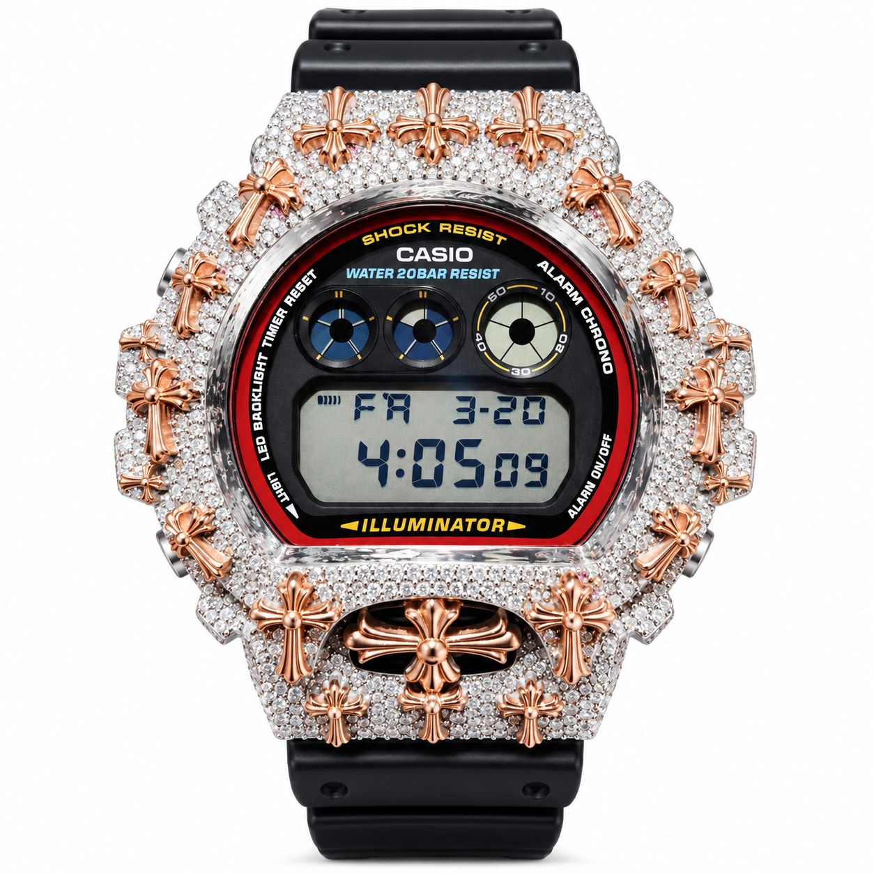 Iced out moissanite G-Shock DW-6900 watch with rose cross bezel and black band – front view