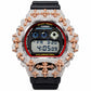 Iced out moissanite G-Shock DW-6900 watch with rose cross bezel and black band – front view