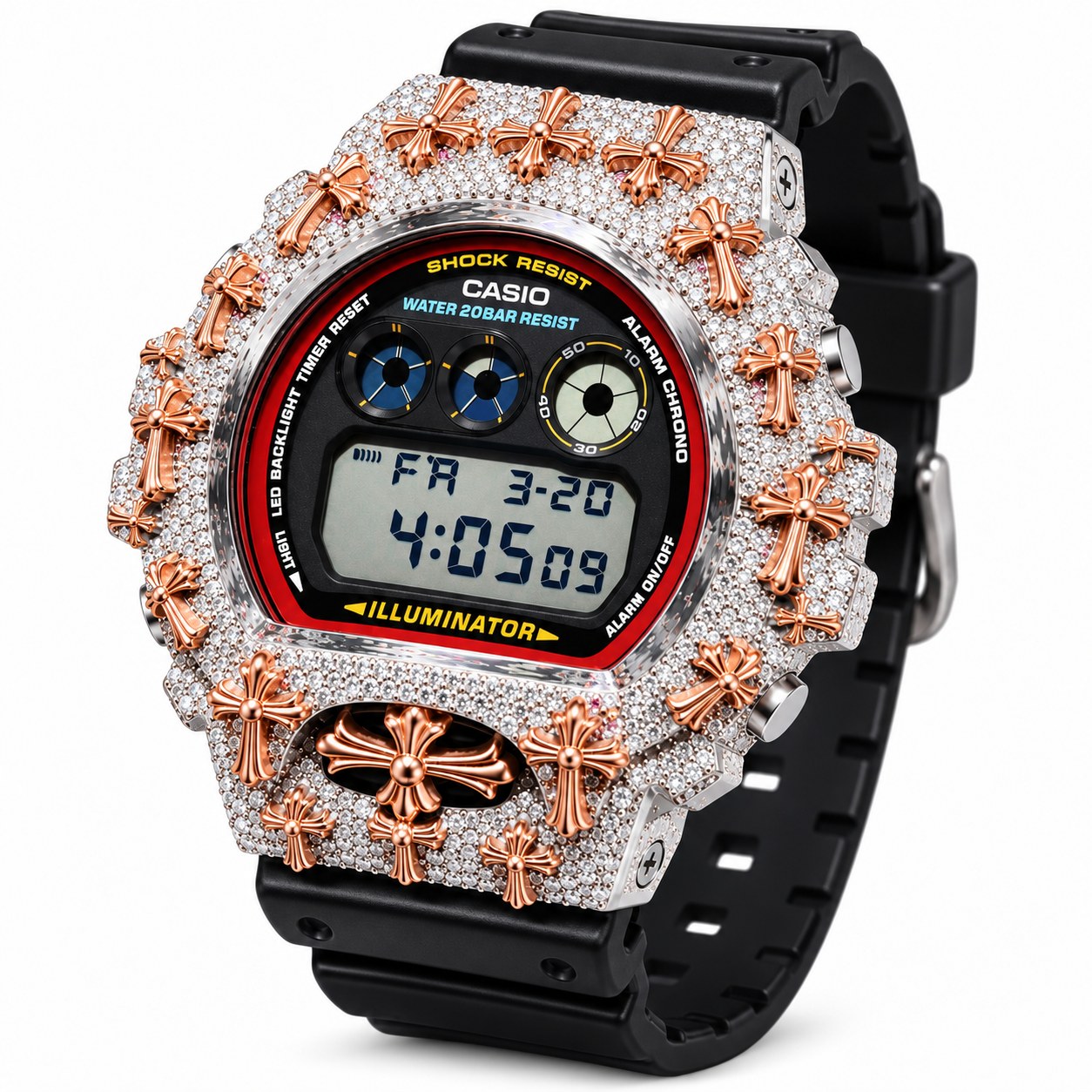 Iced out moissanite G-Shock DW-6900 watch with rose cross bezel and black band – custom bust down G-Shock 6900