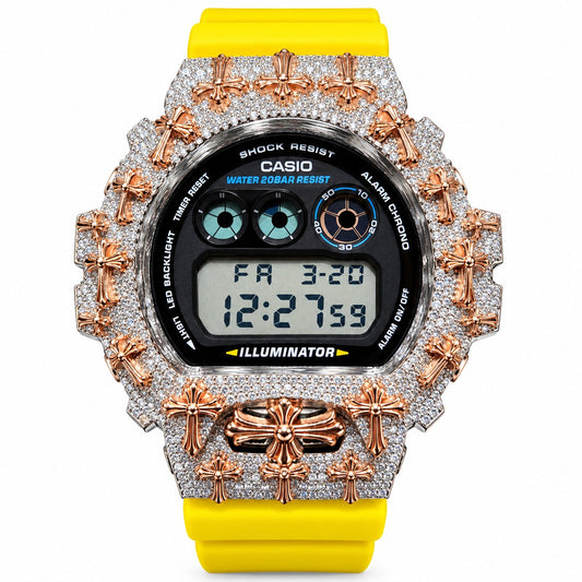 Iced out moissanite G-Shock DW-6900 watch with rose cross bezel and yellow band – front view