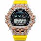 Iced out moissanite G-Shock DW-6900 watch with rose cross bezel and yellow band – front view