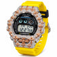 Iced out moissanite G-Shock DW-6900 watch with rose cross bezel and yellow band – custom bust down G-Shock 6900