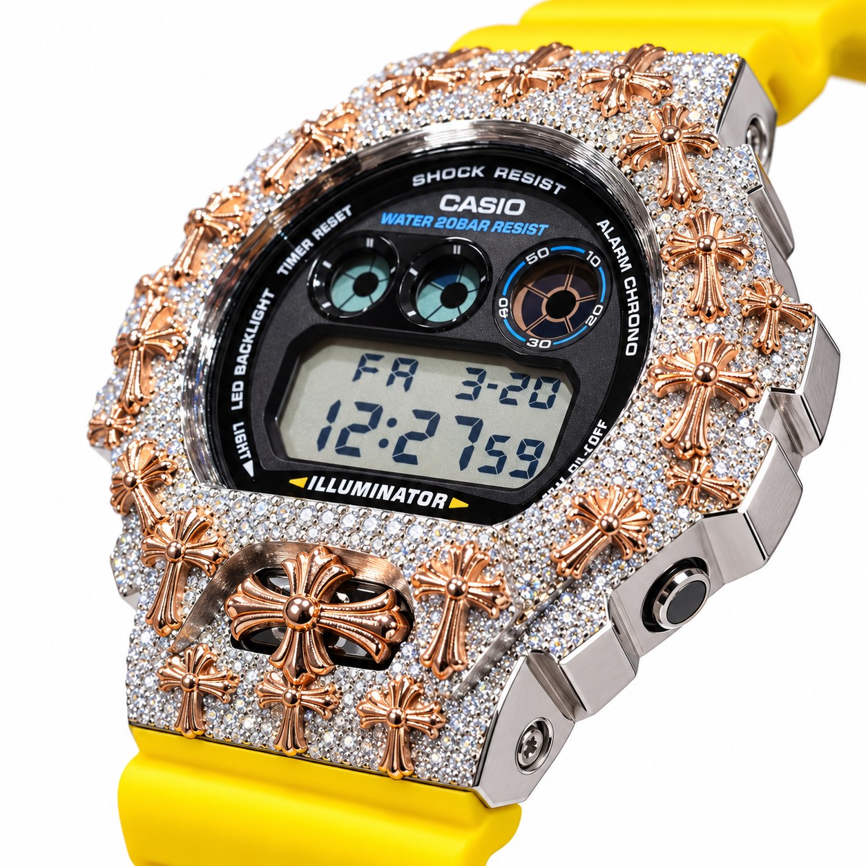 Iced out moissanite G-Shock DW-6900 watch with rose cross bezel and yellow band – fully iced moissanite case