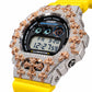 Iced out moissanite G-Shock DW-6900 watch with rose cross bezel and yellow band – fully iced moissanite case