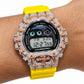 Iced out moissanite G-Shock DW-6900 watch with rose cross bezel and yellow band – men's hip hop iced out watch
