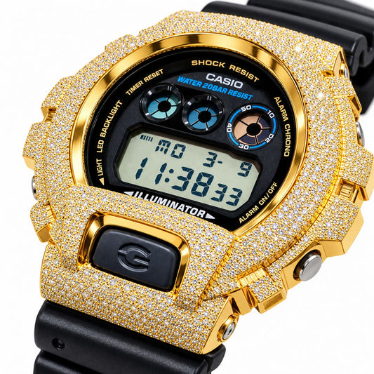 Iced out moissanite G-Shock DW-6900 watch with yellow iced case and black band – front view
