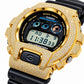Iced out moissanite G-Shock DW-6900 watch with yellow iced case and black band – front view