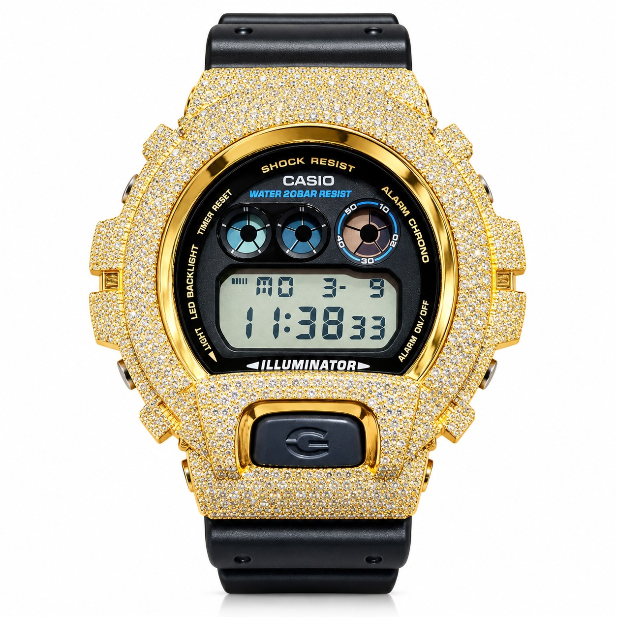 Iced out moissanite G-Shock DW-6900 watch with yellow iced case and black band – custom bust down G-Shock 6900