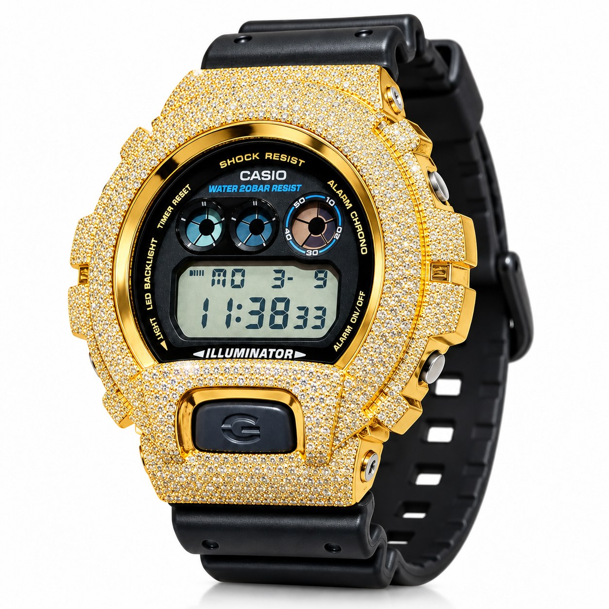 Iced out moissanite G-Shock DW-6900 watch with yellow iced case and black band – fully iced moissanite case