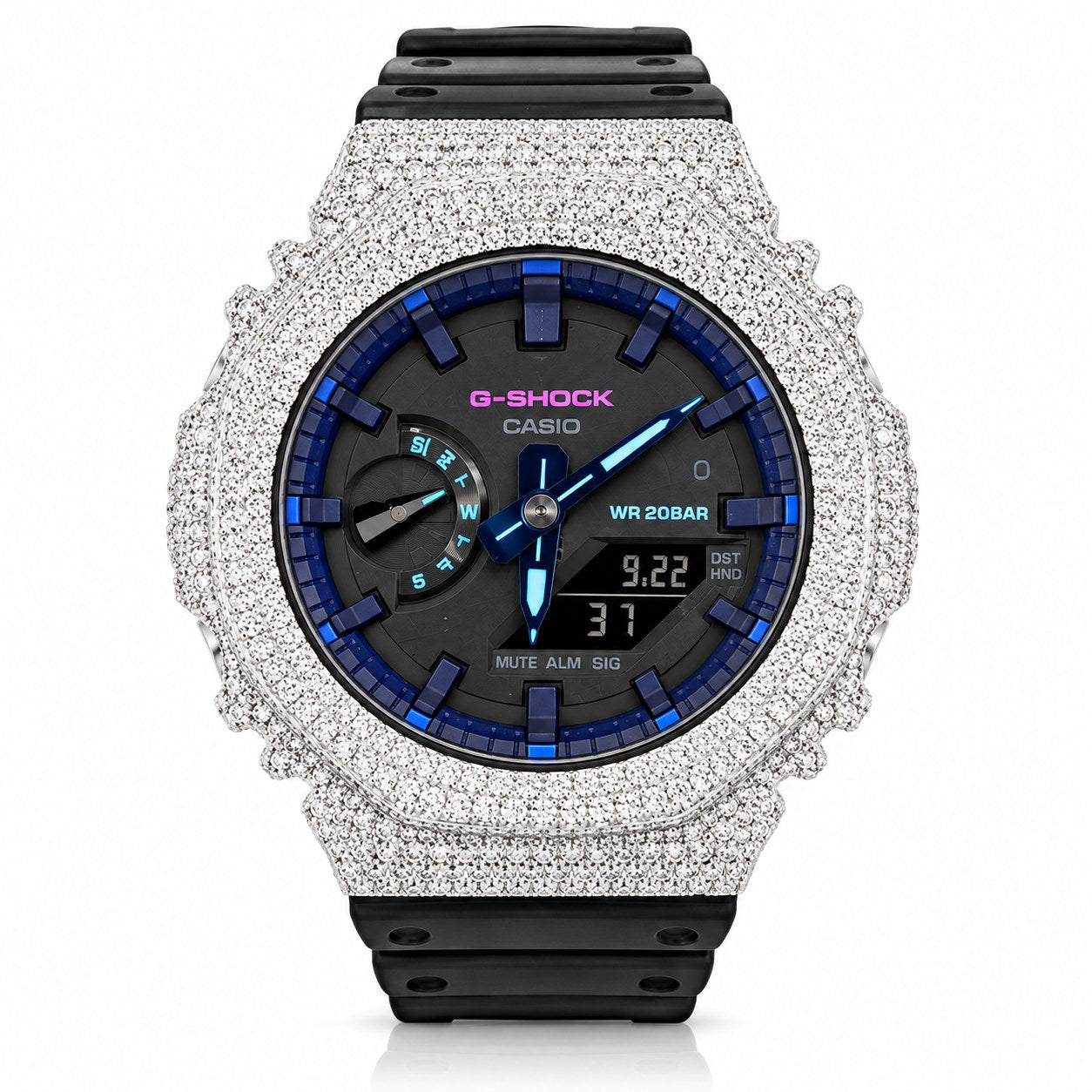 Iced out moissanite G-Shock GA-2100 watch with black band and blue dial – front view
