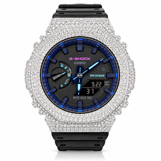 Iced out moissanite G-Shock GA-2100 watch with black band and blue dial – front view