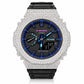 Iced out moissanite G-Shock GA-2100 watch with black band and blue dial – front view