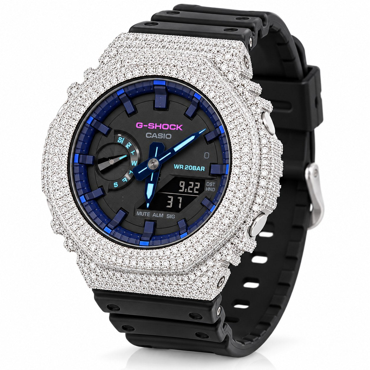 Iced out moissanite G-Shock GA-2100 watch with black band and blue dial – custom bust down CasiOak