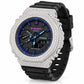 Iced out moissanite G-Shock GA-2100 watch with black band and blue dial – custom bust down CasiOak