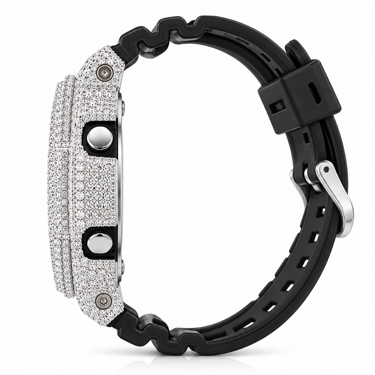Iced out moissanite G-Shock GA-2100 watch with black band and blue dial – fully iced moissanite case and bezel