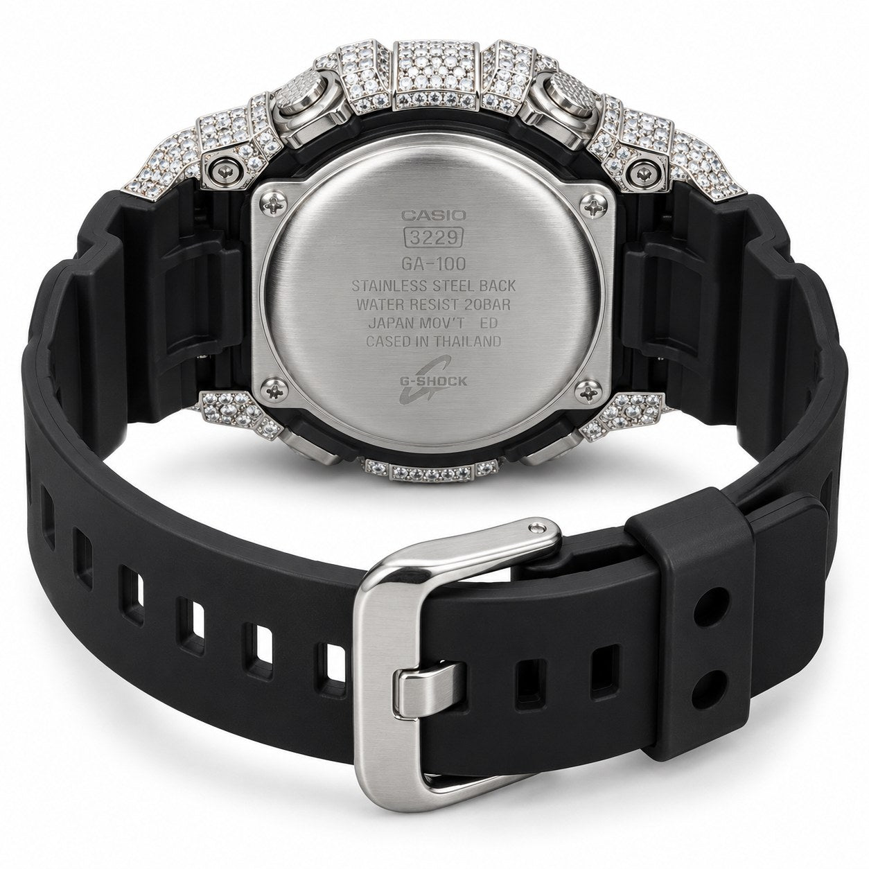 Iced out moissanite G-Shock GA-2100 watch with black band and blue dial – men's hip hop iced out watch