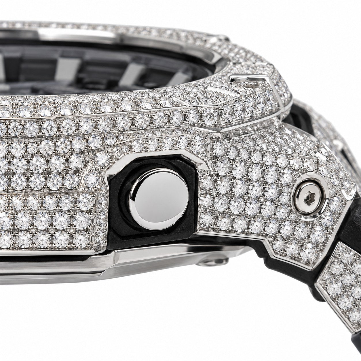 Iced out moissanite G-Shock GA-2100 watch with black band and blue dial – hip hop moissanite watch