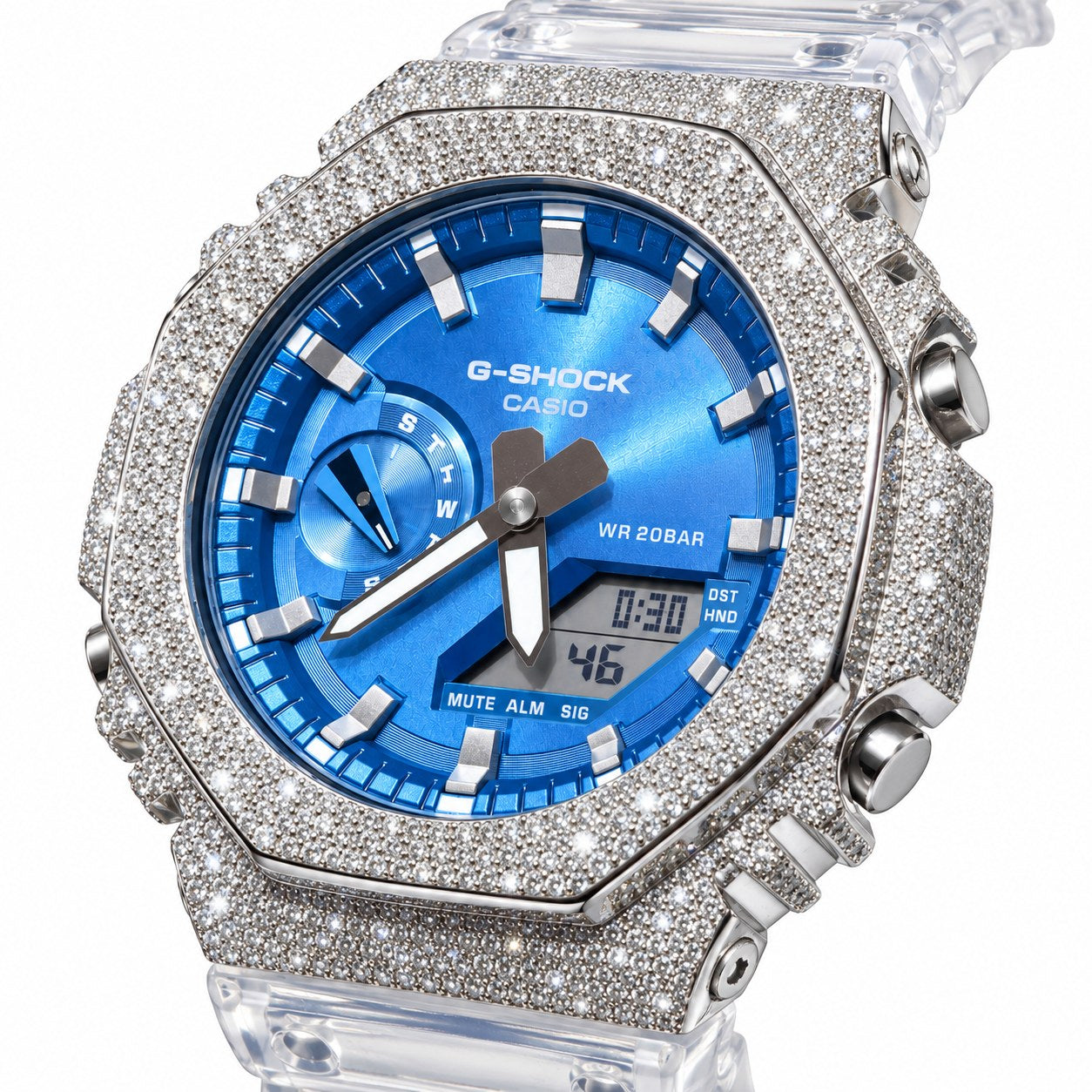 Iced out moissanite G-Shock GA-2100 watch with blue dial and clear band – custom bust down CasiOak