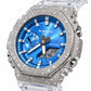 Iced out moissanite G-Shock GA-2100 watch with blue dial and clear band – custom bust down CasiOak
