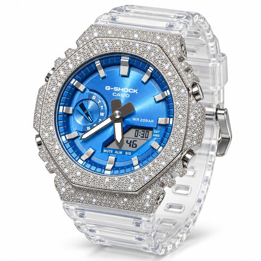 Iced out moissanite G-Shock GA-2100 watch with blue dial and clear band – front view
