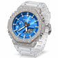Iced out moissanite G-Shock GA-2100 watch with blue dial and clear band – front view