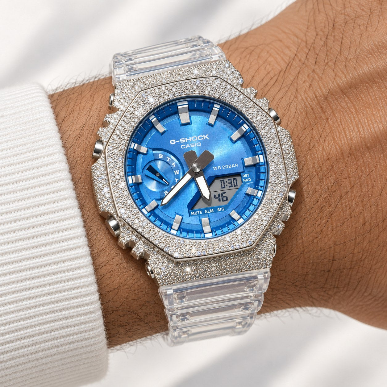 Iced out moissanite G-Shock GA-2100 watch with blue dial and clear band – fully iced moissanite case and bezel