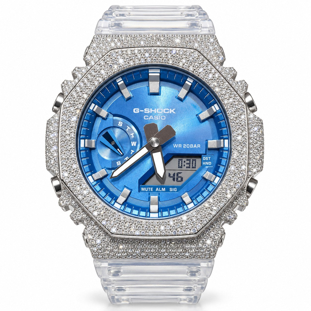 Iced out moissanite G-Shock GA-2100 watch with blue dial and clear band – men's hip hop iced out watch