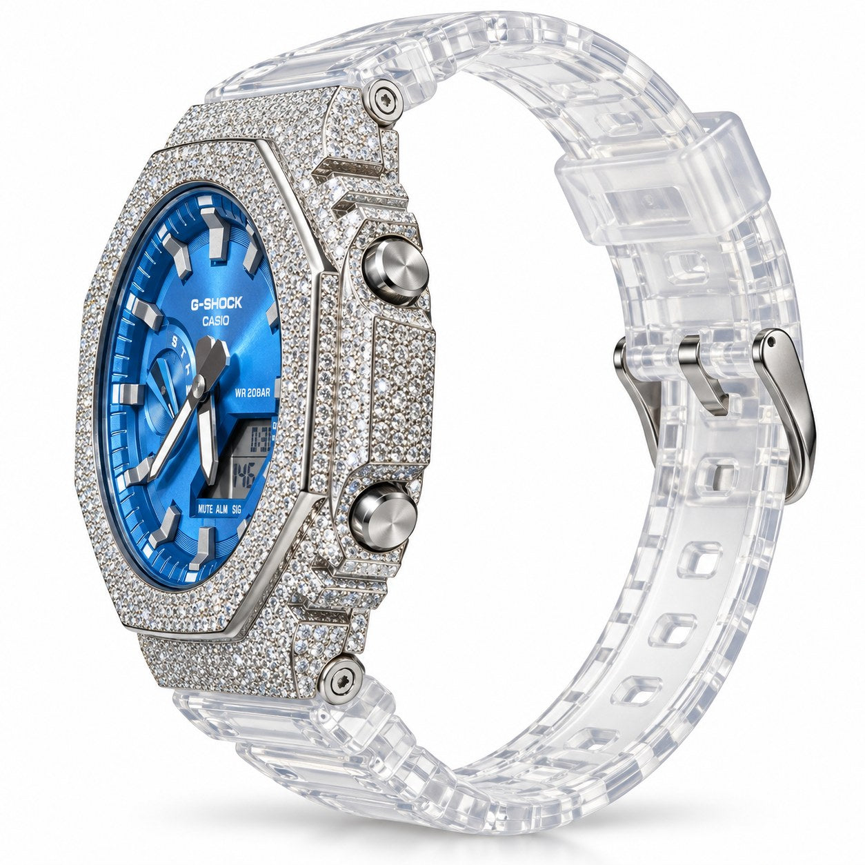 Iced out moissanite G-Shock GA-2100 watch with blue dial and clear band – custom iced G-Shock