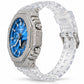 Iced out moissanite G-Shock GA-2100 watch with blue dial and clear band – custom iced G-Shock
