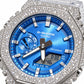 Iced out moissanite G-Shock GA-2100 watch with blue dial and clear band – moissanite bust down watch