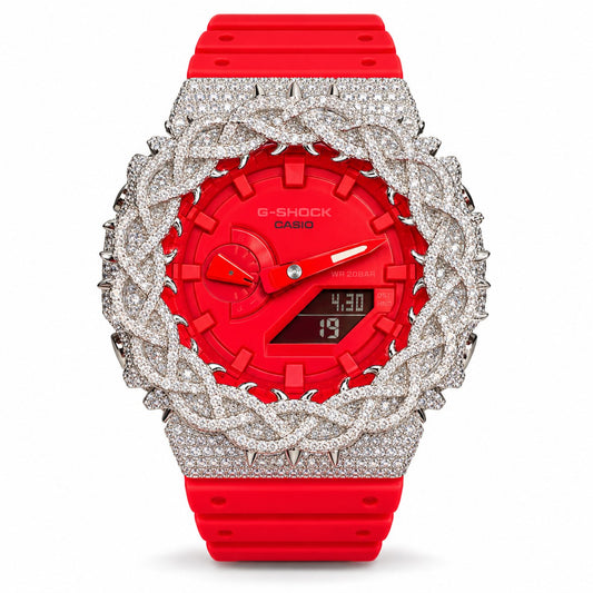 Iced out moissanite G-Shock GA-2100 watch with bright red dial and barbed wire bezel – front view