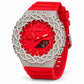 Iced out moissanite G-Shock GA-2100 watch with bright red dial and barbed wire bezel – custom bust down CasiOak