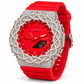 Iced out moissanite G-Shock GA-2100 watch with bright red dial and barbed wire bezel – fully iced moissanite case and bezel