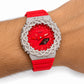 Iced out moissanite G-Shock GA-2100 watch with bright red dial and barbed wire bezel – men's hip hop iced out watch