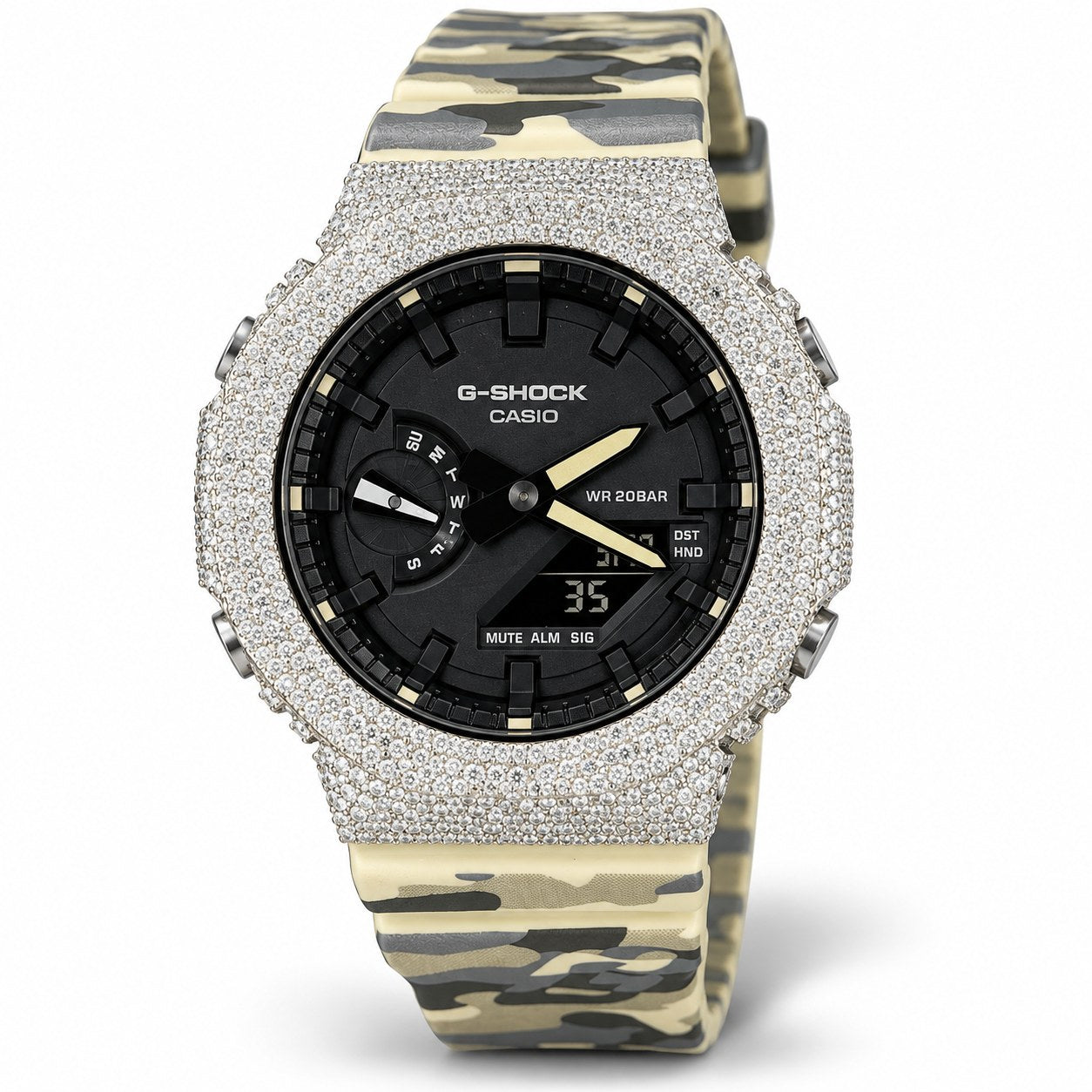 Iced out moissanite G-Shock GA-2100 watch with black dial and cream camo band – custom moissanite G-Shock