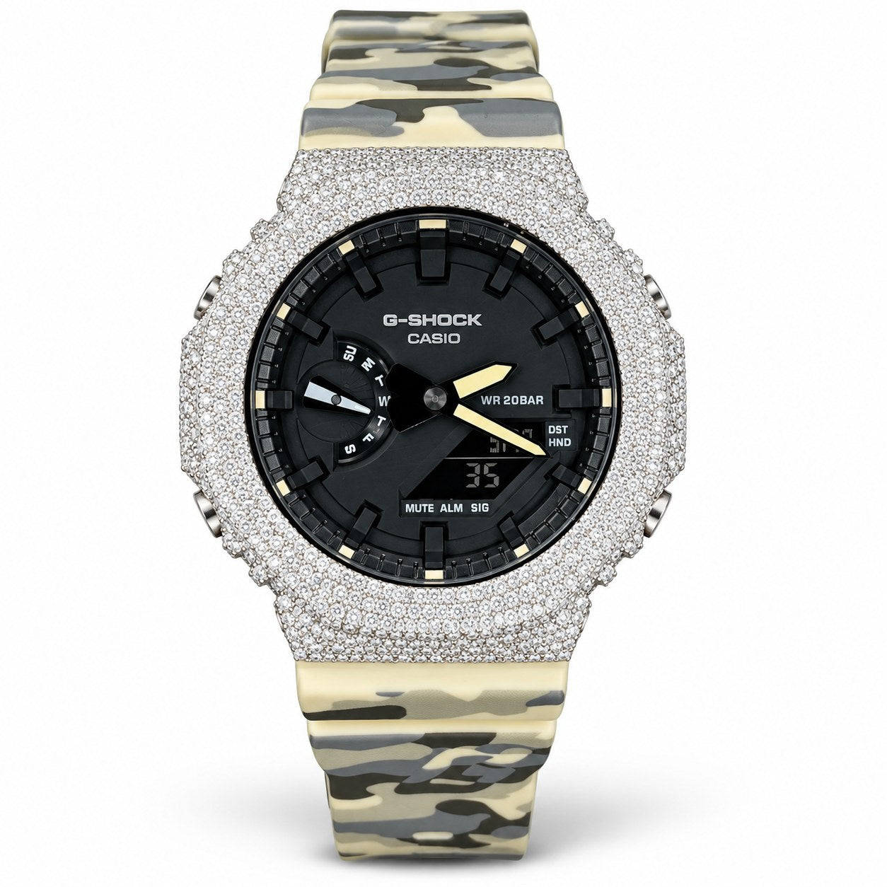 Iced out moissanite G-Shock GA-2100 watch with black dial and cream camo band – front view