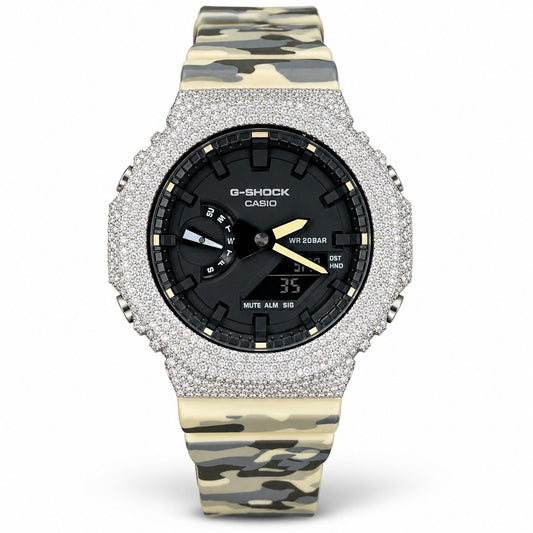 Iced out moissanite G-Shock GA-2100 watch with black dial and cream camo band – front view