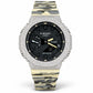 Iced out moissanite G-Shock GA-2100 watch with black dial and cream camo band – front view