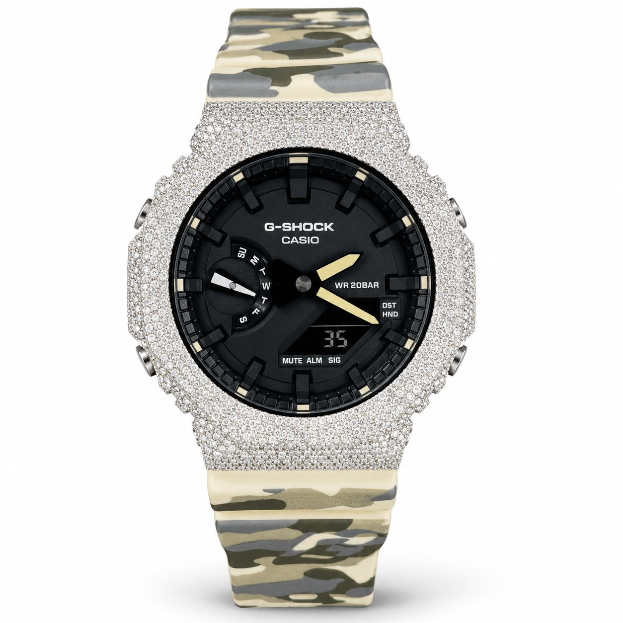 Iced out moissanite G-Shock GA-2100 watch with black dial and cream camo band – men's hip hop iced out watch