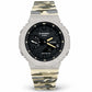 Iced out moissanite G-Shock GA-2100 watch with black dial and cream camo band – men's hip hop iced out watch